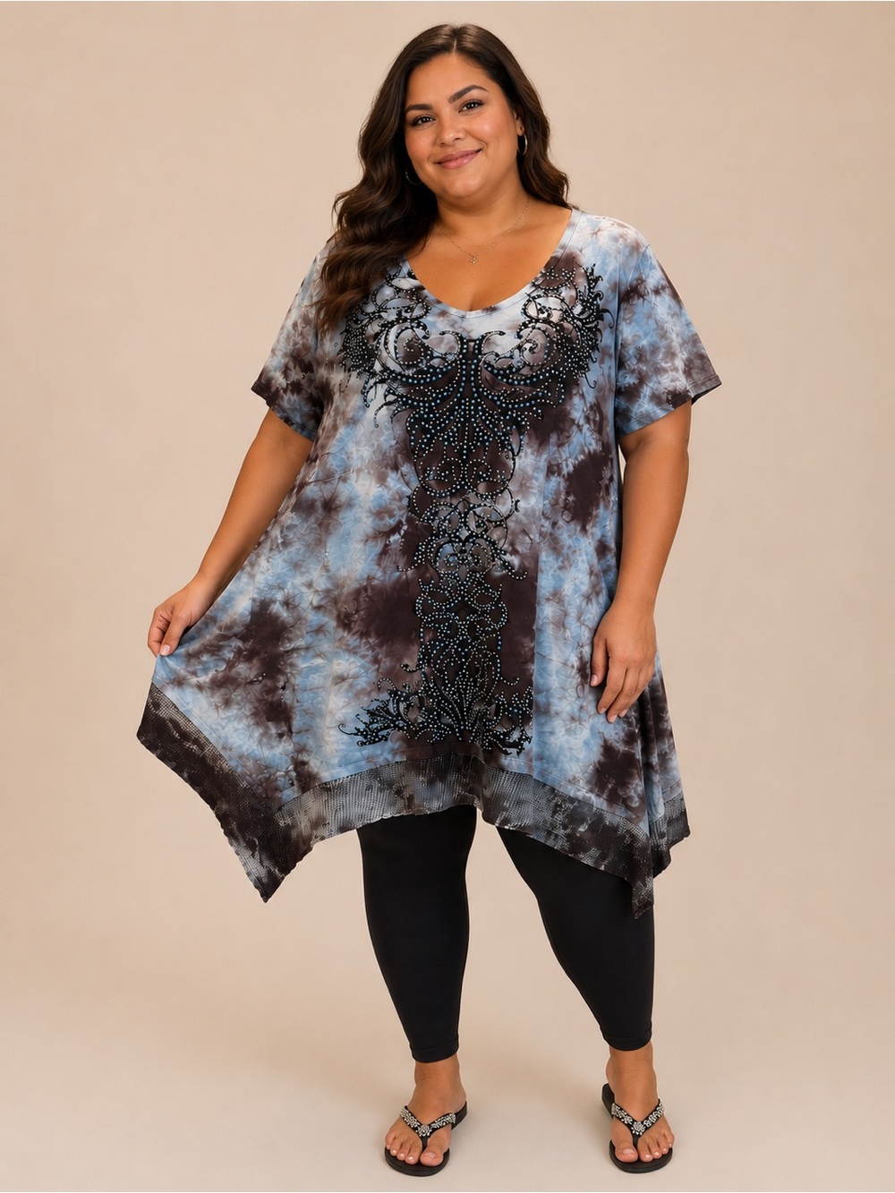 Vocal USA tie dye rhinestone short sleeve handkerchief tunic in blue brown - 1XL